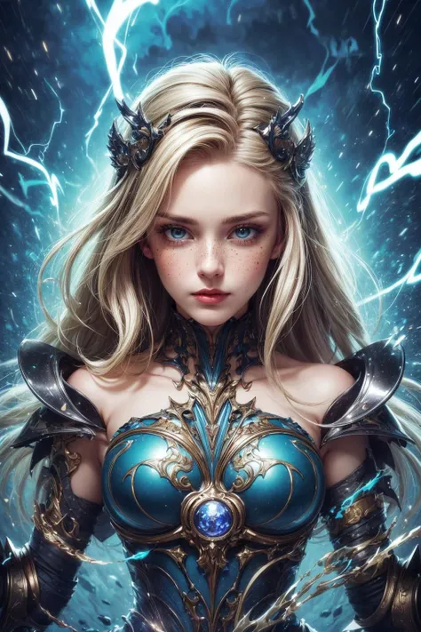(masterpiece, of the highest quality, Best Quality, Official art, Beautiful fairy queen with big blue eyes with intricate intertwined mechanical metal water streaming through the air in a swirl shape and aesthetic:1.2), (1girl in), ighly detailed,(Fractal Art:1.3),Colorful,highest details, she has long blonde hair and blue eyes, , she is wearing a white luxurious dress, see through, wet body, 