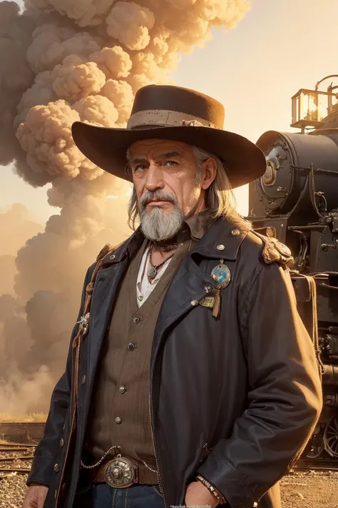 (masterpiece, top quality, best, official art, beautiful and aesthetic, long exposure:1.2), dynamic streaks, vibrant colors, visual chaos,
(1man, wrinkled face, old male:1.2), turquoise eyes, graying long mustache,
portrait, looking down, solo, half shot, detailed face, (deadwood theme:1.1), 19th century wild west, american frontier, outlaw, dynamic pose, wild west hat, necklace, wild west era old railway with steam engine in background, dust, arid, cinematic atmosphere,