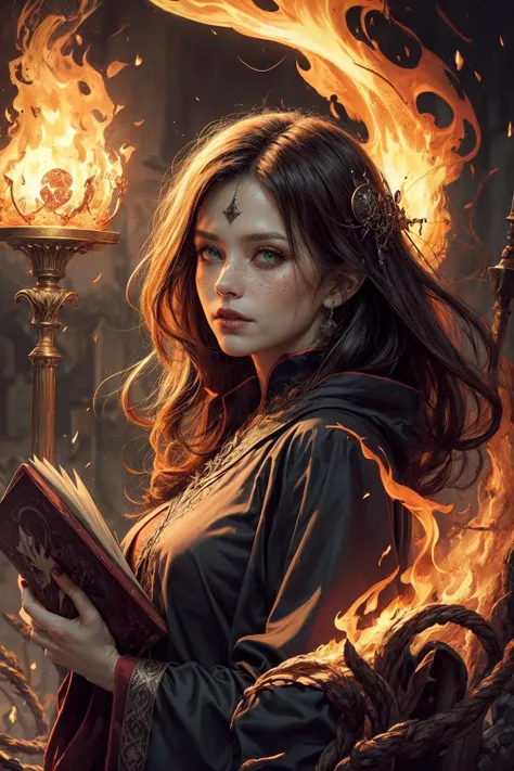 (masterpiece, top quality, best, official art, beautiful and aesthetic, long exposure:1.2), vibrant colors, captivating patterns, creative experimentation, <lora:add_detail:1> <lora:graphicNovelStyle_v10:0.2>,
1 girl, adult (elven:0.7) woman, freckles, amber eyes, ginger hair flaps,
(style-swirlmagic:0.8), portrait, looking at viewer, solo, half shot, detailed background, detailed face, (gothic dark fantasy theme:1.1) evil wizard, dark red magical robes, sinister smirk, green color scheme, dark scarlet light, summoning circle, bookshelves, glowing magical runes, evil book, dark atmosphere, shadows, realistic lighting, floating particles, embers, surrounded by fire, <lora:Fire_VFX:0.4>, summoning, red arcane symbols, corrupted by eldritch power, power-hungry eyes,