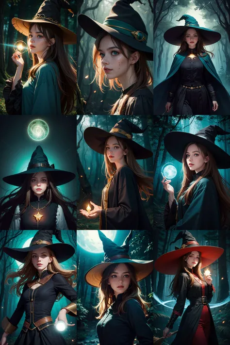 (best quality, masterpiece, realistic, detailed), 8k CG, perfect artwork, 1 girl, adult hungarian woman, slender, freckles, solo, teal eyes, light brown long hair, portrait, looking down, solo, (full body:0.6), detailed background, light smile, witch hat, witch, magical atmosphere, hair flowing in the wind, green trimmed dark colored clothes, colorful glowing magic spell in the air, swirling portal, dark magic, (style-swirlmagic:0.8), floating particles, dark sinister forest background, updraft, backlighting, <lora:epiNoiseoffset_v2:1>