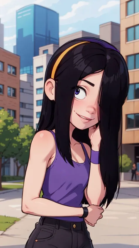 masterpiece,best quality,1girl,violetparr,long hair,black hair,hair over one eye,hairband,upper body,solo,smile,looking at viewer,<lora:VioletParrV2:1>,city,blurry background,