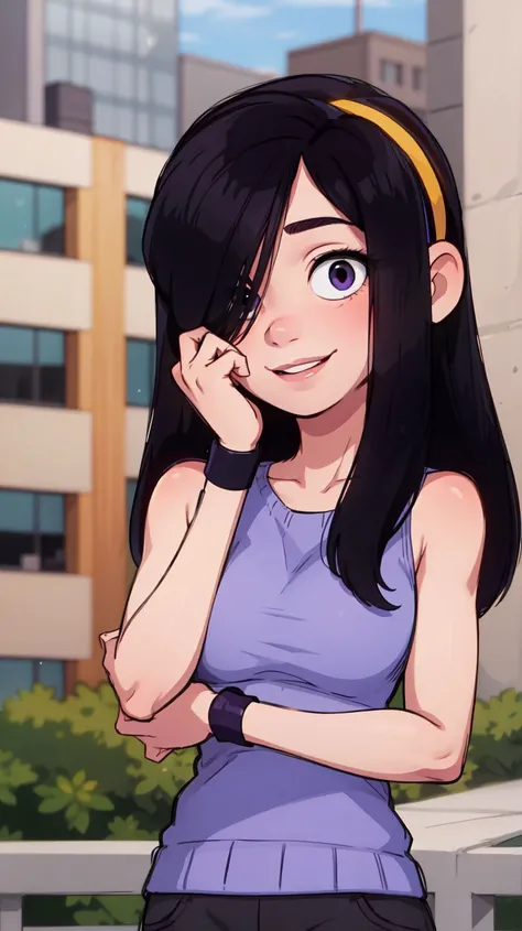 masterpiece,best quality,1girl,violetparr,long hair,black hair,hair over one eye,hairband,upper body,solo,smile,looking at viewer,<lora:VioletParrV2:1>,city,blurry background,