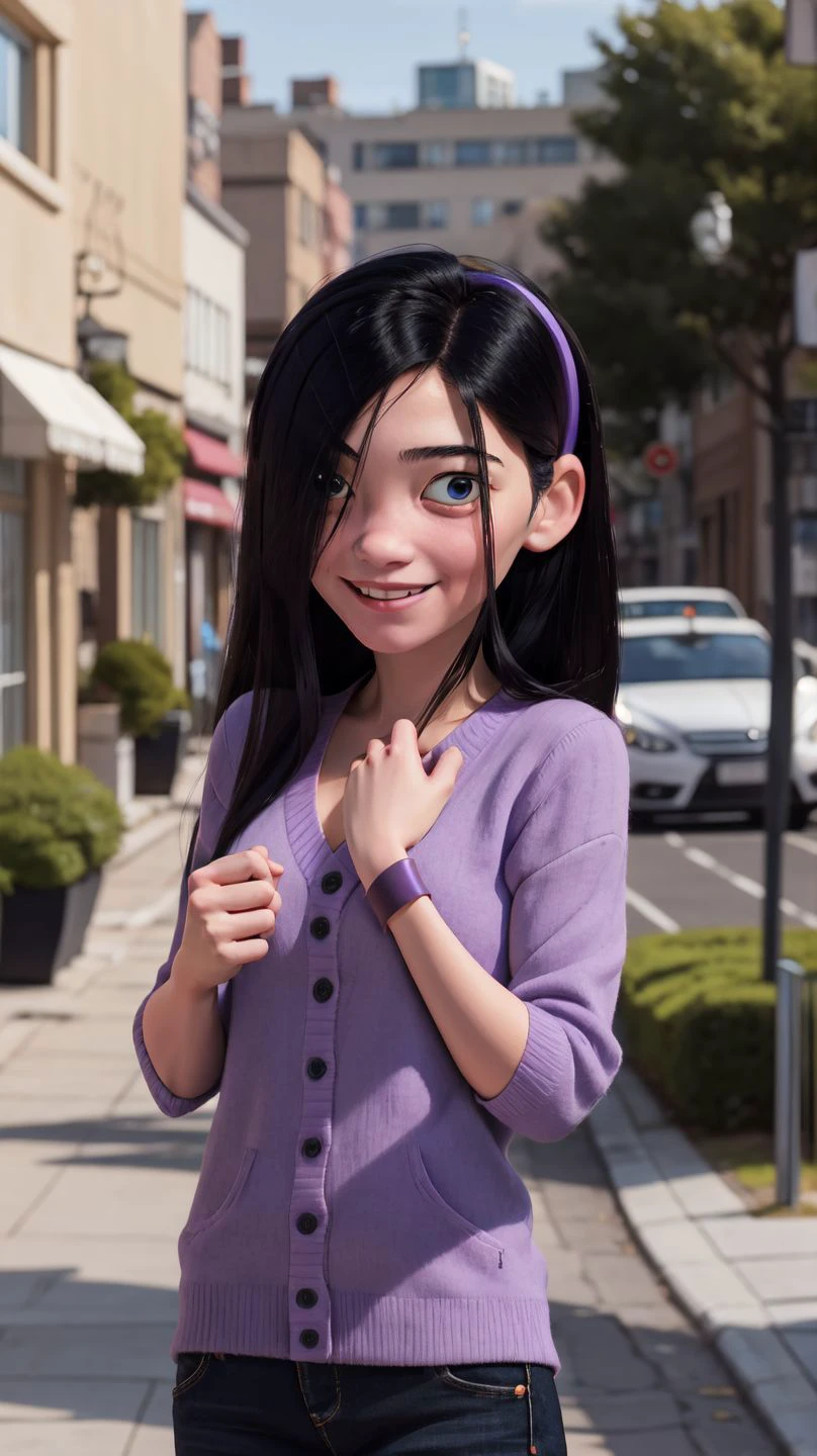masterpiece,best quality,1girl,violetparr,long hair,black hair,hair over one eye,hairband,upper body,solo,smile,looking at viewer,<lora:VioletParrV2:1>,city,blurry background,
