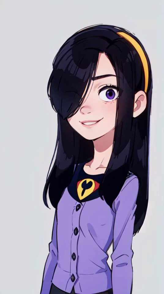 masterpiece,best quality,1girl,violetparr,long hair,black hair,hair over one eye,hairband,upper body,solo,smile,looking at viewer,smile,simple background,<lora:VioletParrV2:1>,