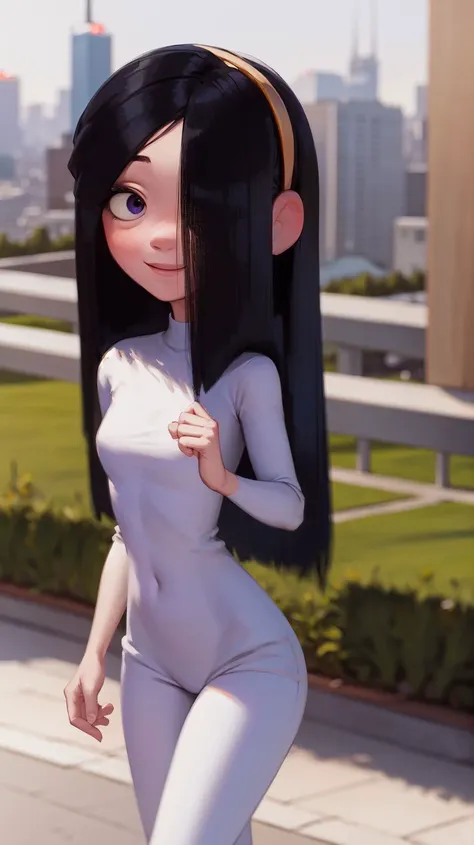 masterpiece,best quality,1girl,violetparr,long hair,black hair,hair over one eye,hairband,upper body,solo,smile,looking at viewer,<lora:VioletParrV2:1>,city,blurry background,