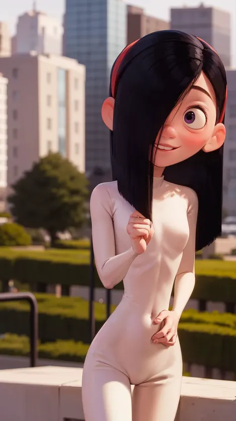 masterpiece,best quality,1girl,violetparr,long hair,black hair,hair over one eye,hairband,upper body,solo,smile,looking at viewer,<lora:VioletParrV2:1>,city,blurry background,