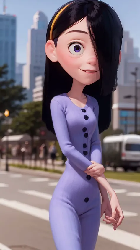 masterpiece,best quality,1girl,violetparr,long hair,black hair,hair over one eye,hairband,upper body,solo,smile,looking at viewer,<lora:VioletParrV2:1>,city,blurry background,