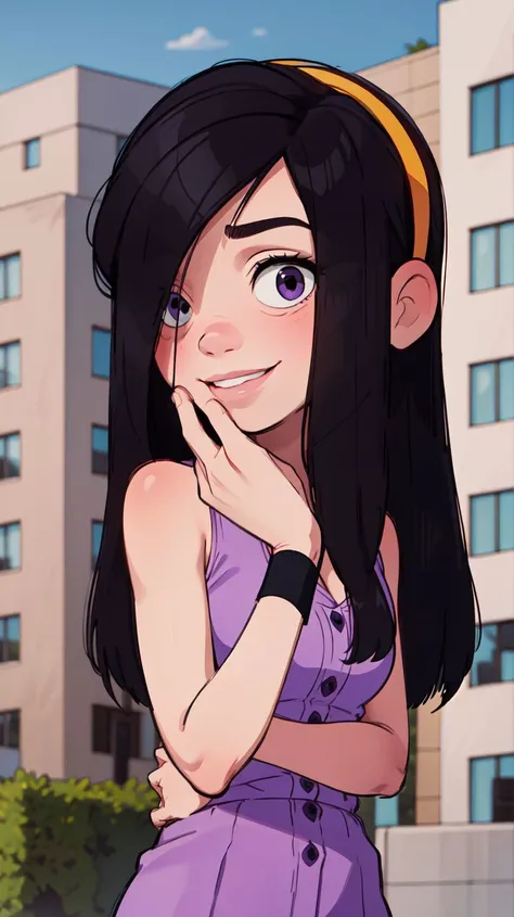 masterpiece,best quality,1girl,violetparr,long hair,black hair,hair over one eye,hairband,upper body,solo,smile,looking at viewer,<lora:VioletParrV2:1>,city,blurry background,