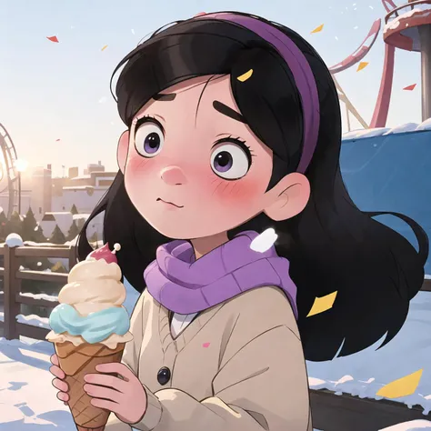 <lora:VioletParrV2:0.9> masterpiece,high_quality,best_quality,detailed,8k,HD,Ultra_Quality,angle,1girl,black hair,long_hair,wind-blown hair,hairband,violetparr in a amusement_park,scarf,sweater,small ice_cream,fogs,(blush face:1.2),red nose,sun,sunlight,a big_wheel background, confetti,winters,snow,