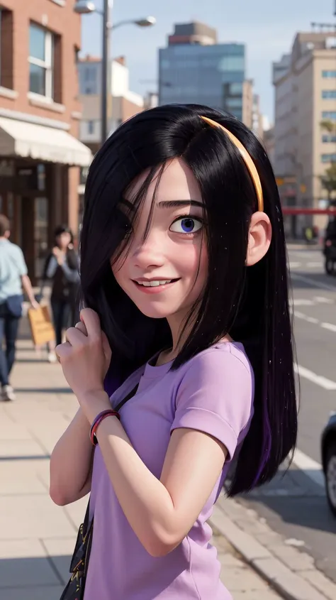 masterpiece,best quality,1girl,violetparr,long hair,black hair,hair over one eye,hairband,upper body,solo,smile,looking at viewer,<lora:VioletParrV2:1>,city,blurry background,