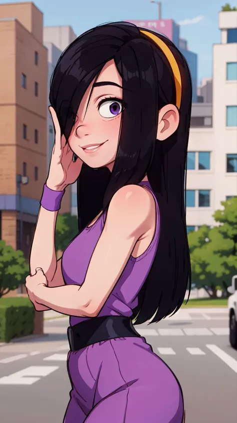 masterpiece,best quality,1girl,violetparr,long hair,black hair,hair over one eye,hairband,upper body,solo,smile,looking at viewer,<lora:VioletParrV2:1>,city,blurry background,