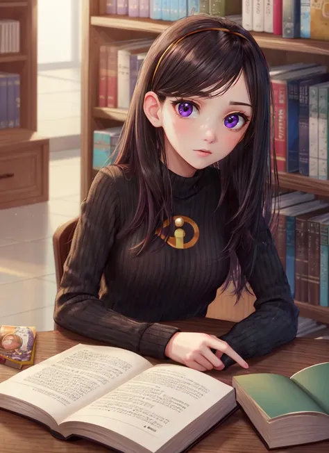 ((best quality)), ((highly detailed)), masterpiece, detailed face, beautiful face, (detailed eyes, deep eyes), (1girl), full body, <lora:hairdetailer:.7>, <lora:VioletParr:.7>, violetparr, (black hair), long hair, hairband, purple eyes, black sweater, long sleeves, black sweatpants, (inside, at a library, book shelves, open book)