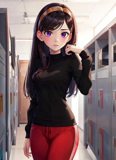 ((best quality)), ((highly detailed)), masterpiece, (detailed eyes, deep eyes), (1girl), cowboy shot, <lora:VioletParr:.9>, violetparr, (black hair), long hair, hairband, purple eyes, black sweater, long sleeves, red sweatpants, (indoors, in a lockerroom)