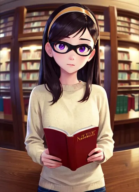((best quality)), ((highly detailed)), masterpiece, (detailed eyes, deep eyes), (1girl), fisheye lense, upper body, <lora:VioletParr:.7>, violetparr, black hair, long hair, hairband, purple eyes, sweater, long sleeves, jeans, (indoors, in a library, book shelves, open book)