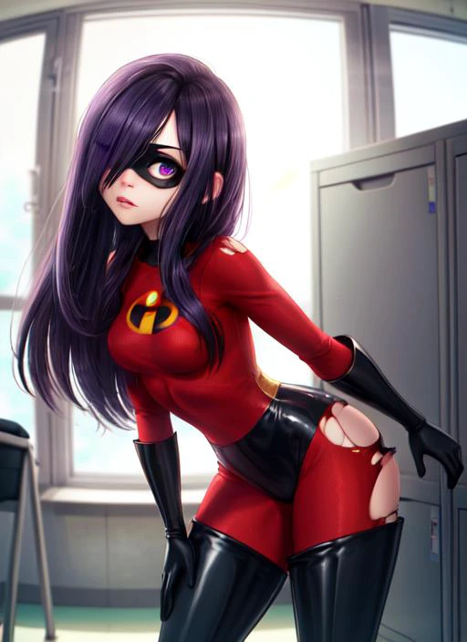 ((best quality)), ((highly detailed)), masterpiece, (detailed eyes, deep eyes), (1girl), fisheye lense, cowboy shot, <lora:hairdetailer:.9>, <lora:VioletParr:.7>, violetparr, black hair, long hair, hair over one eye, purple eyes, mask, red bodysuit, gloves, boot, thighhighs, thigh boots, latex, ((torn clothes)), (at a lockerroom, morning)