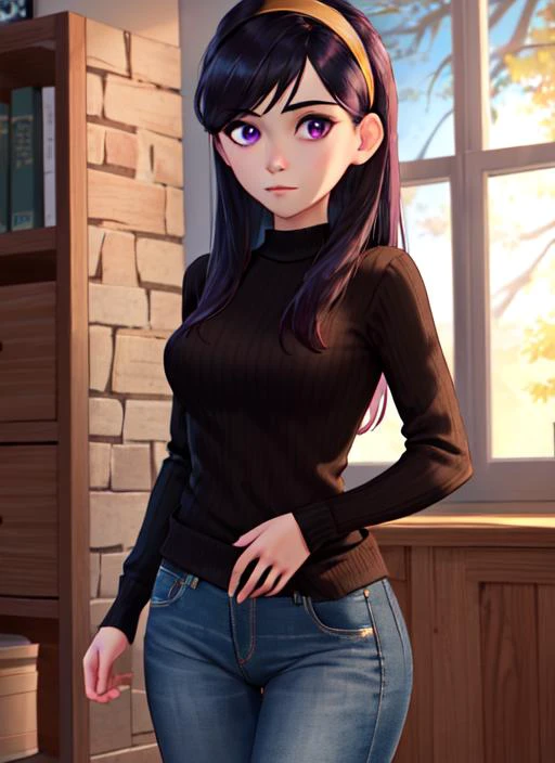 ((best quality)), ((highly detailed)), masterpiece, (detailed eyes, deep eyes), (1girl), cowboy shot, <lora:VioletParr:.9>, violetparr, black hair, long hair, hairband, purple eyes, black sweater, long sleeves, jeans, (indoors, in a dungeon)
