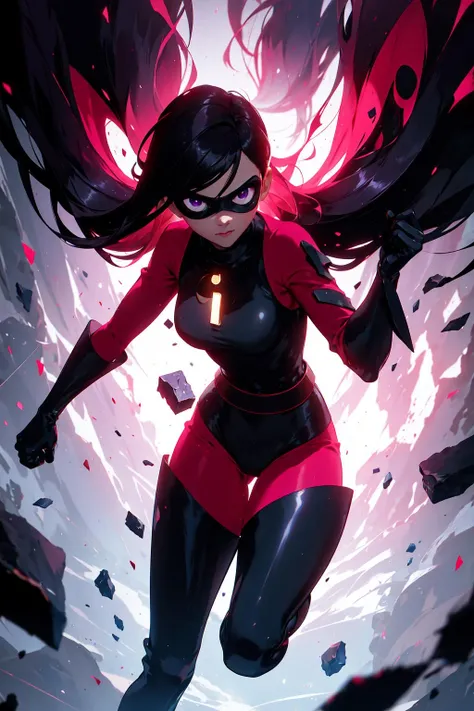 masterpiece, best quality, closeup,ultra high res, violetparr, mask, long hair, black hair, purple eyes, bodysuit, gloves, boot, thighhighs, thigh boots, looking at viewer,beautiful, visually stunning, elegant, incredible details, award-winning painting, (dark art:1.1), deep shadow, (dark theme:1.2), <lora:124492:0.5>, r1ge, glowing, (aura:1.2),energy, flying debris, flying fragments,Calotype, hearthstone artwork, Manic, Vibrant Color, key visual, Hopeful, deep red and deep pink hue, MOBA style, Provia, dark black explosions,<lora:130996:0.8>