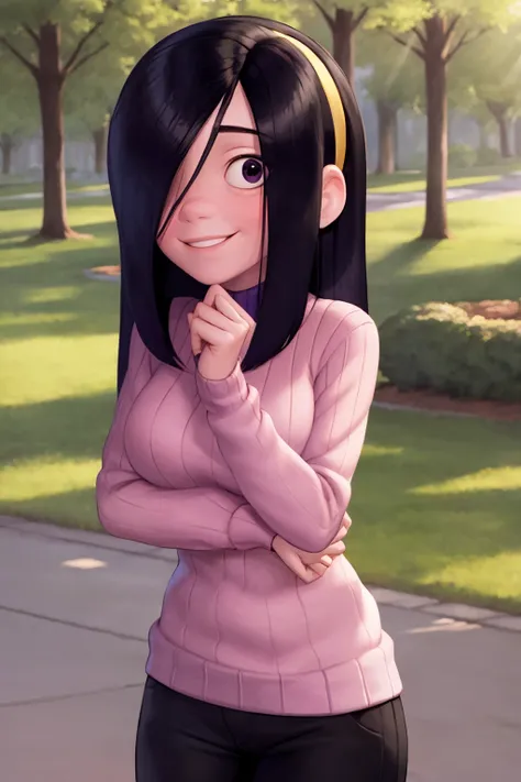 masterpiece, best quality, 1girl, violetparr, long hair, black hair, hair over one eye, hairband, pink sweater, black pants, solo, smile, looking at viewer, outdoors, trees, park background <lora:VioletParrV2:1>