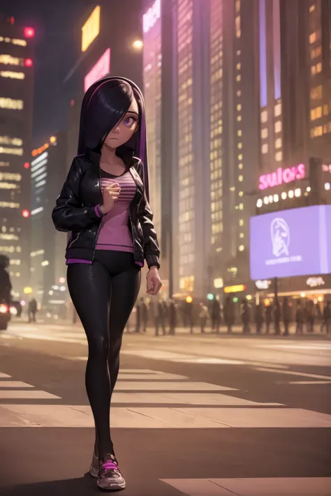 masterpiece, best quality, 1girl, violetparr, long hair, black hair, hair over one eye, hairband, jacket, shirt, solo, looking at viewer, cyberpunk, solo, neon light, night, cyberpunk city background <lora:VioletParrV2:1>