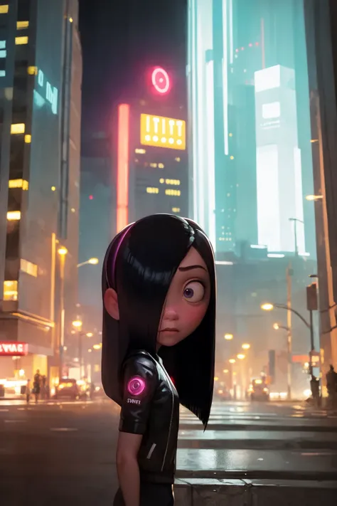 Obra estilo Pixar Disney melhor qualidade, High quality of Jesus hugging a little girl with long black hair with pink streaks at the tip ,olho redondo, nariz fininho,