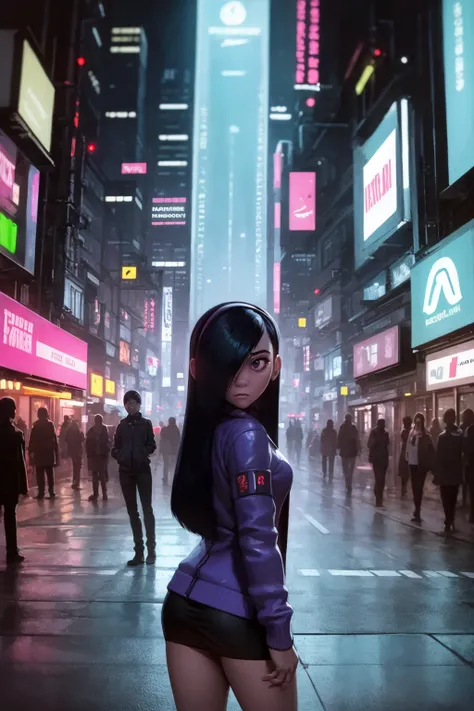 masterpiece, best quality, 1girl, violetparr, long hair, black hair, hair over one eye, hairband, jacket, solo, looking at viewer, cyberpunk, solo, neon light, night, cyberpunk city background <lora:VioletParrV2:1>