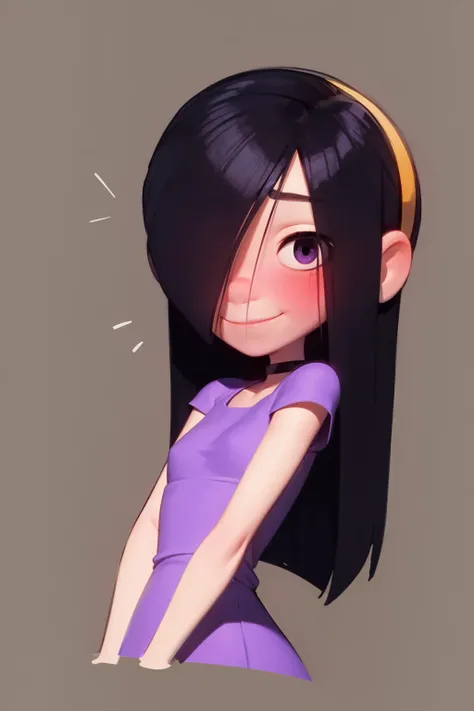 masterpiece, best quality, 1girl, violetparr, long hair, black hair, hair over one eye, hairband, upper body, solo, shy, blush, looking at viewer, smile, simple background <lora:VioletParrV2:1>