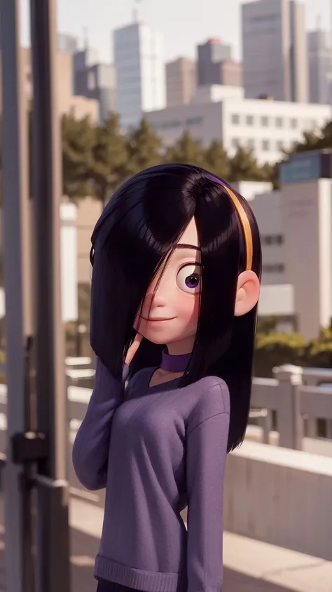 masterpiece,best quality,1girl,violetparr,long hair,black hair,hair over one eye,hairband,upper body,solo,smile,looking at viewer,<lora:VioletParrV2:1>,city,blurry background,