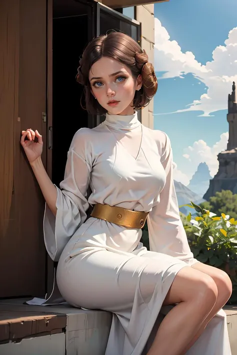 (masterpiece, best quality), 1girl, <lora:princess_leia_organa_solo:1> princess_leia_organa_solo, short hair, hair bun, white dress, white clothing