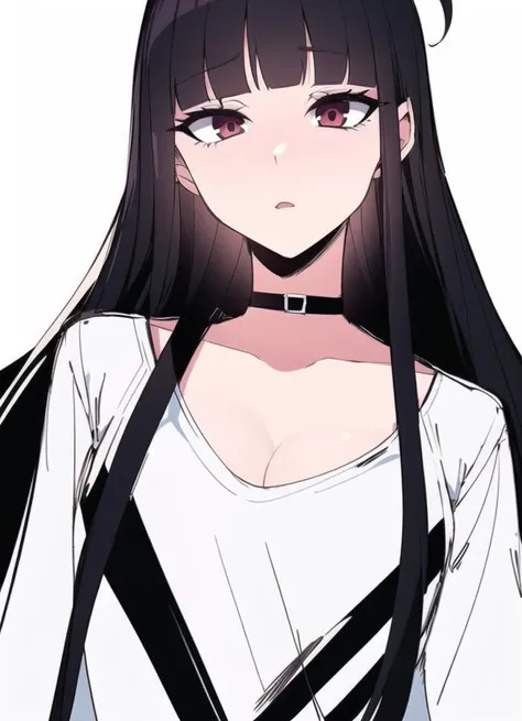Beautiful Woman, Wavy Black Hair with Red Highlights, Big Red Eyes, Small Nose, Medium Breasts, Black Shirt, Black Pants, Looking Foward, Standing Pose, Neutral Face Expression, high quality