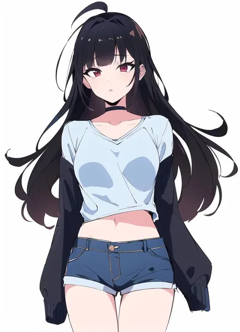 1 girl, nobg, ((masterpiece, sidelighting, beautiful eyes: 1.2), ultra-detailed, ultra high res, professional lighting, high quality makeup, beautiful detailed eyes), (best-quality:0.8), perfect anime illustration, beautiful, flat color background, full body ,<lora:Miyumi_v2.2-2:0.6>, miyumrkw, miyumrkw face, black eyebrows, thic eyebrows, dark red eyes, (small breasts:1.2), <lora:Squeezer2:-0.2>, ( squatting:1.5), white shirt, crop shirt, crop top, white crop top, long_hair, looking_at_viewer, white crop shirt, navel, black_choker, black_footwear, choker, collarbone, black hair, shoes, black shorts, small shorts, (black shoes:1.5), naked shoulders shirt, <lyco:GoodHands-beta2:1.0>