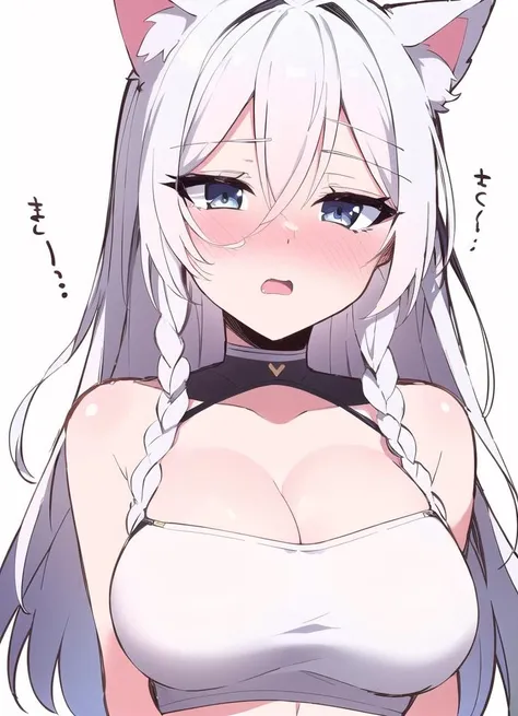 naked girl, white hair, braids, fang, gradient eyes, midriff, perfect skin, perfect lighting, simple white background, bedroom_eyes, cat_ears, :o, hair between eyes, loose fitting crop top, sleeveless, sketch lines, drawing, blush, heavy nose blush, expressive eyes, blush lines, line art, cleavage,
<lora:homebrew_ramune777:0.9>