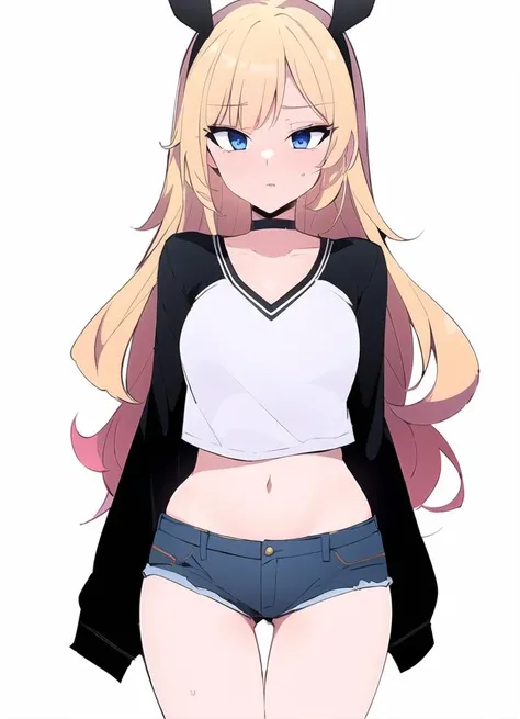 girl, solo, blue eyes, blonde hair, blunted bangs, hime cut, gradient eyes, perfect skin, perfect lighting, simple white background, choker, stare, sketch lines, drawing, expressive eyes, blush lines, line art, tall, thigh_gap, eyelashes, ahoge,
loose v neck t shirt, long sleeves, v-neck, jean shorts, midriff, standing, arms behind back, mature female,
<lora:homebrew_ramune777:0.9>,