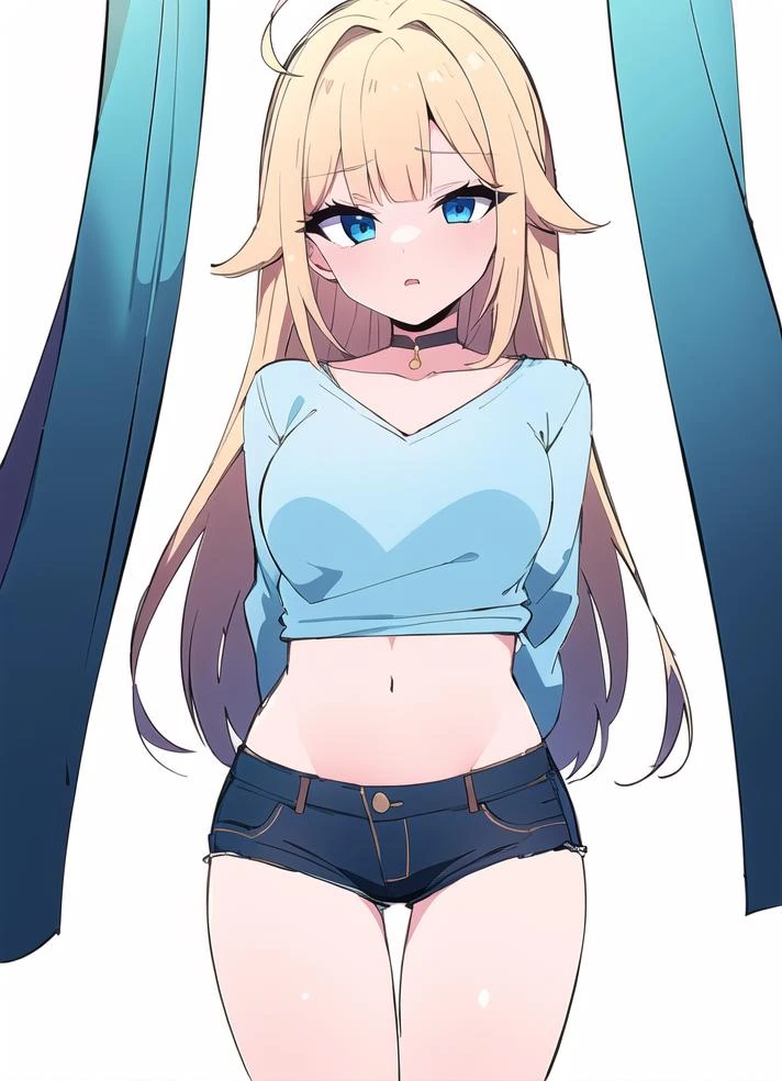 girl, solo, blue eyes, blonde hair, blunted bangs, hime cut, gradient eyes, perfect skin, perfect lighting, simple white background, choker, stare, sketch lines, drawing, expressive eyes, blush lines, line art, tall, thigh_gap, eyelashes, ahoge,
loose v neck t shirt, long sleeves, v-neck, jean shorts, midriff, standing, arms behind back, mature female, sanpaku eyes,
<lora:homebrew_ramune777:0.9>,