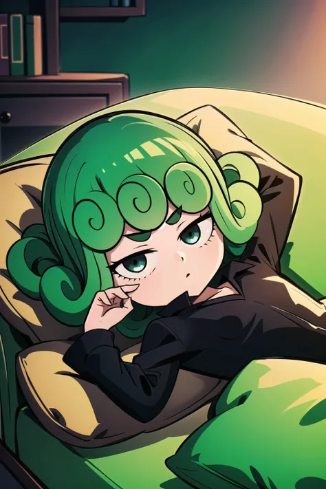 absurdres, highres, ultra detailed, anime, <lora:TatsumakiiiV2.2:0.9>, (chibimode:1.1), chibi, curly hair, black dress, long sleeves, looking at viewer, indoors, lying, on sofa, on back, vintage sofa, drawmefrenchgirl, <lora:drawmefrenchgirl_v5:0.8>