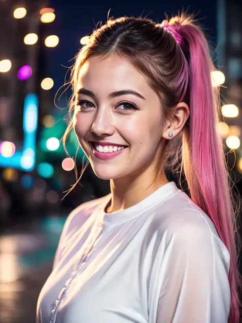 Portrait photo of a young european girl, (laughing:0.7), posing, look at a camera, pink ponytails hair, complex city background, backlit, (cinematic:1.5), epic realistic, hyperdetailed, insane details, intricate details, accent lighting, soft volumetric light, bokeh, (dramatic light:1.2), (neutral colors:1.3), cross process