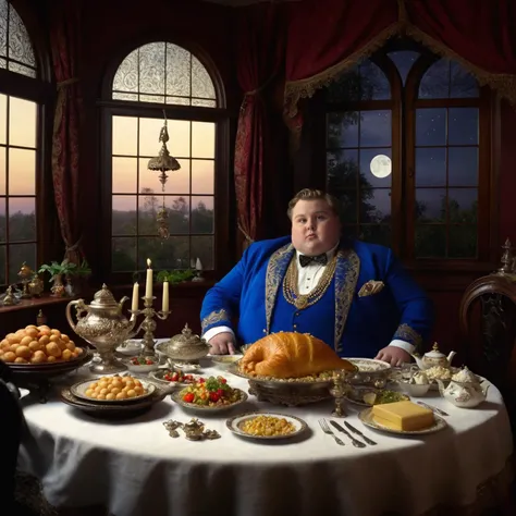 victorian era, cute fat man sitting at lavishly adorned dining table, cornucopia of food, royal outfit, jewelry, moonlight in window, intricate detail, ultra wide view