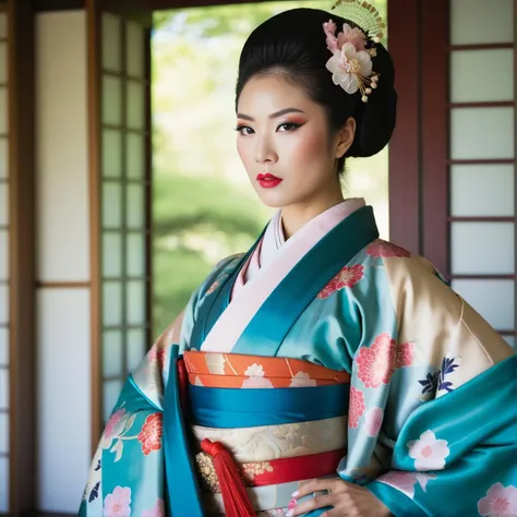 high quality analog photo of a asian geisha dressed in an extravagant kimono, soft natural lighting, intricately detailed masterpiece