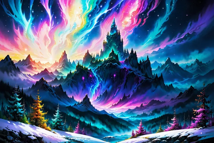 serene, mountainscape, fantasy, sci-fi, enchanted forest, mystical trees, glowing, ethereal light, snow-capped mountains, starry sky, tranquil, galaxy-colored river, cosmic hues, vibrant colors, celestial aurora, nature and cosmos connection, watercolor style, surreal lighting, futuristic motifs, vivid colors, detailed digital art <lora:Painted World-000006:0.7> painted world, colorful splashes, (masterpiece:1.2), best quality, (hyperdetailed, highest detailed:1.2), high resolution textures, <lora:EnvyBetterHiresFixXL01:1>