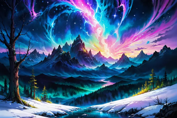 serene, mountainscape, fantasy, sci-fi, enchanted forest, mystical trees, glowing, ethereal light, snow-capped mountains, starry sky, tranquil, galaxy-colored river, cosmic hues, vibrant colors, celestial aurora, nature and cosmos connection, watercolor style, surreal lighting, futuristic motifs, vivid colors, detailed digital art <lora:Painted World-000006:0.7> painted world, colorful splashes, (masterpiece:1.2), best quality, (hyperdetailed, highest detailed:1.2), high resolution textures, <lora:EnvyBetterHiresFixXL01:1>