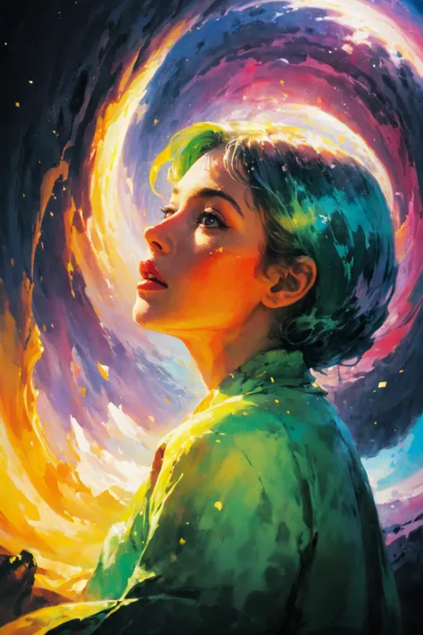 painted world, ((colorful splashes in the shape of a beautiful woman), royalty, elegant, flawless, clean, masterpiece, professional artwork, famous artwork, cinematic lighting, cinematic bloom, background focus, ),(((dreamscape))), (surreal environment:1.3),upper body portrait, Lime green hair, Peter Pan Collar Shirt, Long layers, <lora:Painted World:1> <lora:add-detail-xl:1>