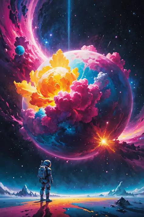 ultra realistic 8k cg, flawless, clean, masterpiece, professional artwork, famous artwork, cinematic lighting, cinematic bloom,  abstract and colorful paint style, background focus,painted world, colorful splashes, deep space, cosmic, (((elegiac aura))), <lora:Painted World:.5> by Jeff Koons