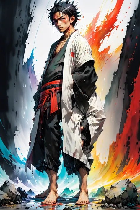 Tsutomu Nihei, thin, chestnut, silver, drop-dead, Burkinan, Grandiose, 8k resolution, hakama, ftm, a shape-shifter disguising itself among humans, 14mm - 35mm focal length <lora:IPXL_v2:0.8> inkpunk <lora:Painted World:0.8> painted world, colorful splashes