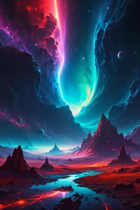 ultra realistic 8k cg, flawless, clean, masterpiece, professional artwork, famous artwork, cinematic lighting, cinematic bloom, abstract and colorful paint style, background focus,, vast galaxy, cosmic energy, alien planet, painted world, colorful splashes,(((eternal force))), deep space, floating, ((no characters)), <lora:Painted World-000006:.4> and below are all typesrait red neon the painting by stephan lesbacher, and joan fevins & cha robot as