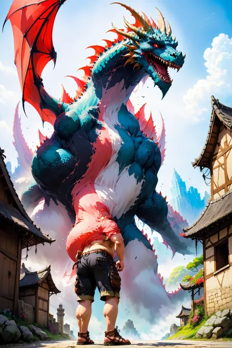 Hiromu Arakawa, chubby, dark blonde, coral, prepossessing, Maldivian, Grandiose, High definition, boyshorts, cis male, a giant dragon terrorizing a medieval village, Macro <lora:IPXL_v2:0.8> inkpunk <lora:Painted World:0.8> painted world, colorful splashes