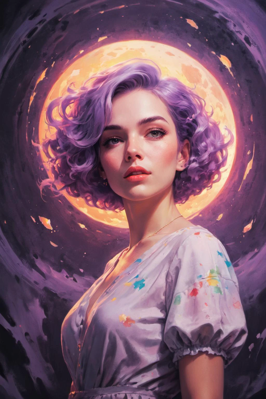 painted world, ((colorful splashes in the shape of a beautiful woman), royalty, elegant, flawless, clean, masterpiece, professional artwork, famous artwork, cinematic lighting, cinematic bloom, background focus, ),(((dreamscape))), (surreal environment:1.3),upper body portrait, Lilac hair, Blouse, Bob, <lora:Painted World:.75> <lora:add-detail-xl:1>