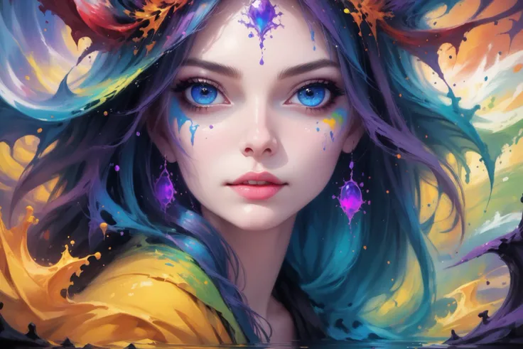 masterpiece, painted world, colorful splashes, <lora:Painted World-000006:.5> on halloween art gallery, trending on Artstation, masterpiece, vivid colors, wonderful eyes, beautiful faces, elaborate, detailed, detailed