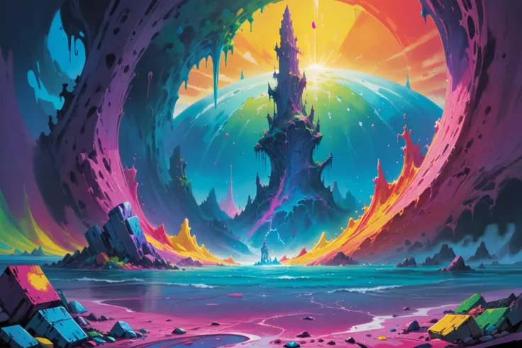 masterpiece, painted world, colorful splashes, <lora:Painted World-000006:.6> from the game Dead level, created by Chris Ditko and Lisa Frank and Simon Stalenhag