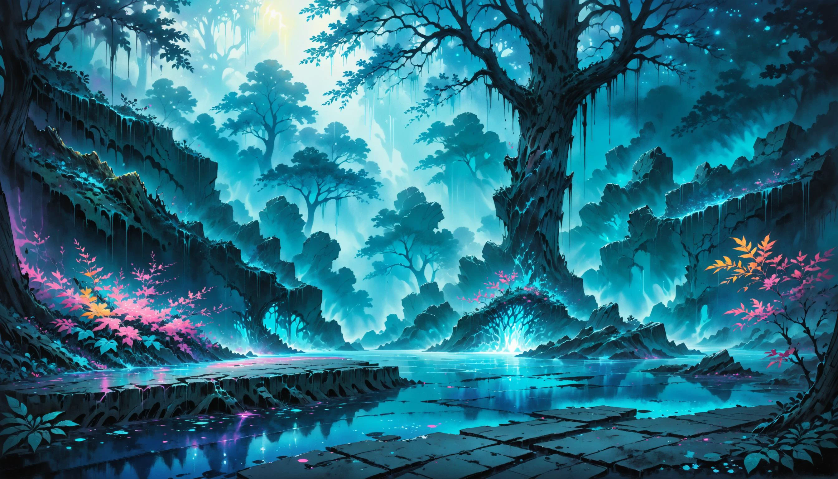 masterpiece, cinematic bloom, professional artwork, retro ink, overgrown brutalism, breathtaking scenery, background focus, large tree trunk, glowing leaves, glowing pool of blue water, <lora:Overgrown_Brutalism_SDXL:0.6> <lora:Retro_Ink_SDXL:0.5> <lora:Painted World:0.45> painted world, colorful splashes