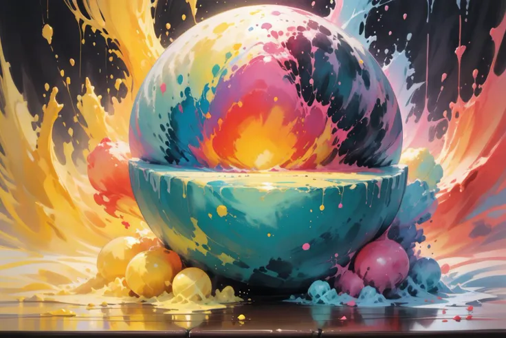 masterpiece, painted world, colorful splashes, <lora:Painted World-000006:.8> silent giant ball in its mouth lays on top of a tabletop table, Pastel yellow, Dark