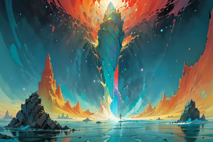masterpiece, painted world, colorful splashes, <lora:Painted World-000006:.8> by jean giraud, moebius, victo ngai and thomas kinkade